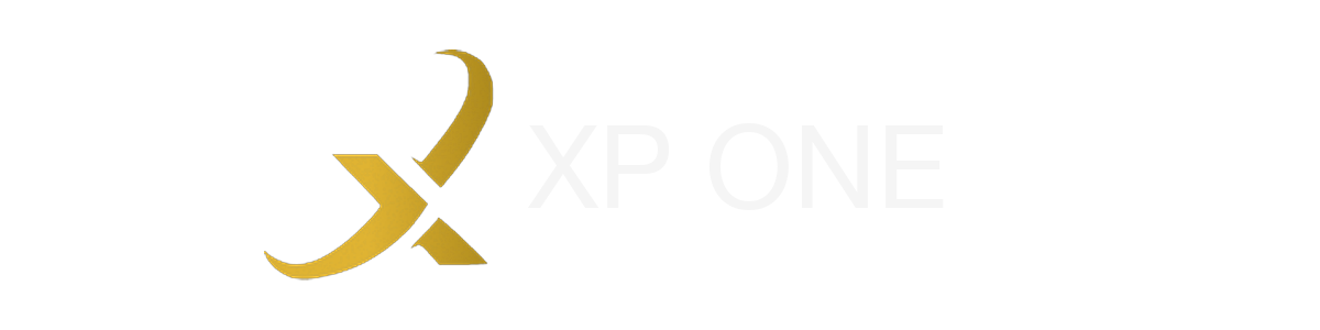 XP One horizontal lockup in gold on a black panel.