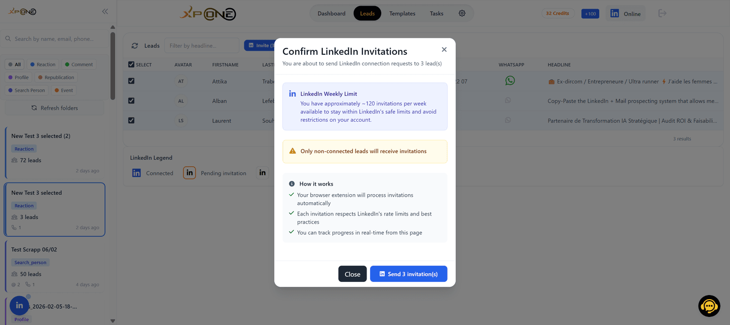 XP One invitation manager showing sent LinkedIn invitations, their status and the withdraw action.
